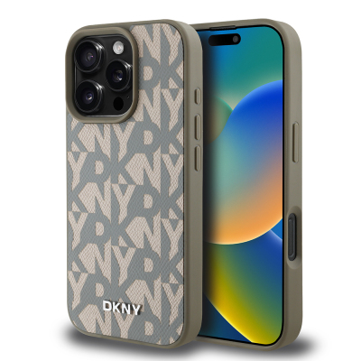 Apple iPhone 16 Pro Max Kılıf DKNY Orjinal Lisanslı M-safe Şarj Özellikli 3D Yazılı Grid Pattern Kapak Kahverengi