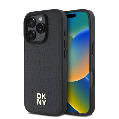 Apple iPhone 16 Pro Max Kılıf DKNY Orjinal Lisanslı Magsafe Şarj Özellikli 3D Yazılı Repeat Pattern Kapak Siyah