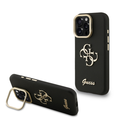 Apple iPhone 16 Pro Max Kılıf Guess Orjinal Lisanslı Grained Yazı Logolu Kamera Standlı Kapak Siyah