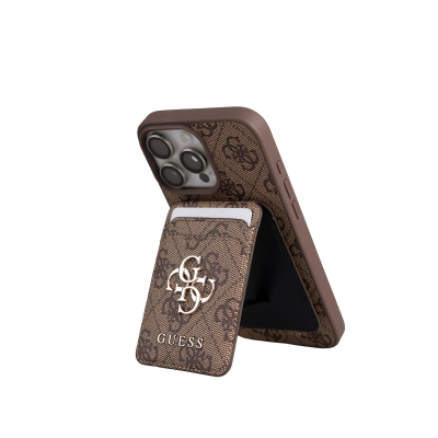 Apple iPhone 16 Pro Max Kılıf Guess Orjinal Lisanslı M-safe Şarj Özellikli 4G Metal Büyük Logolu Kartlıklı Kapak Kahverengi