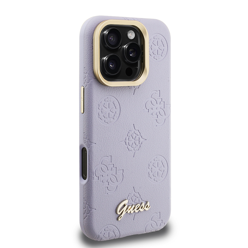 Apple iPhone 16 Pro Max Kılıf Guess Orjinal Lisanslı M-safe Şarj Özellikli Sıcak Baskılı Yazı Logolu Kamera Standlı PU Deri Peony Kapak - 8