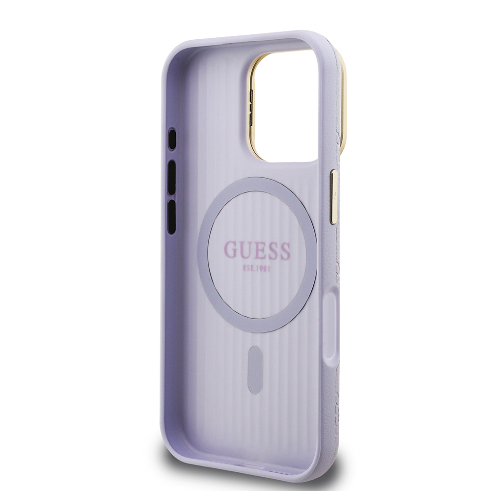 Apple iPhone 16 Pro Max Kılıf Guess Orjinal Lisanslı M-safe Şarj Özellikli Sıcak Baskılı Yazı Logolu Kamera Standlı PU Deri Peony Kapak - 11