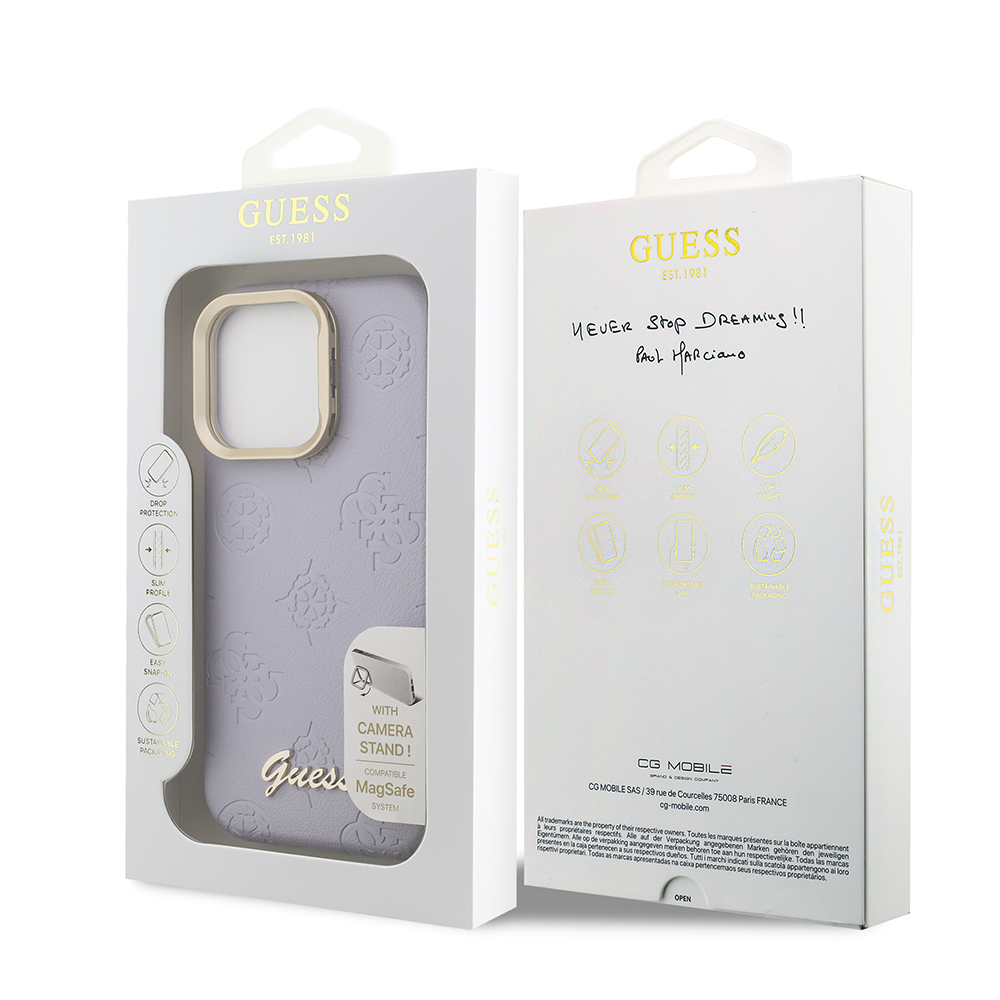 Apple iPhone 16 Pro Max Kılıf Guess Orjinal Lisanslı M-safe Şarj Özellikli Sıcak Baskılı Yazı Logolu Kamera Standlı PU Deri Peony Kapak - 12