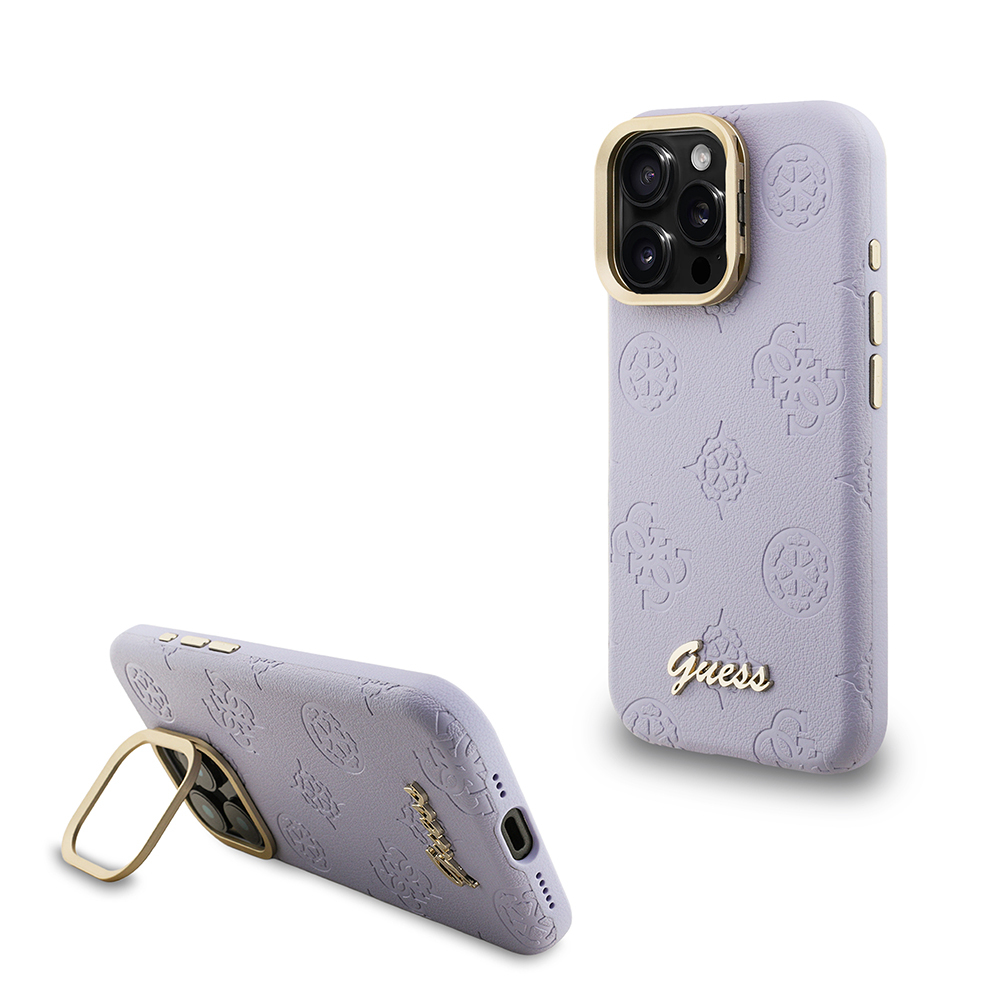 Apple iPhone 16 Pro Max Kılıf Guess Orjinal Lisanslı M-safe Şarj Özellikli Sıcak Baskılı Yazı Logolu Kamera Standlı PU Deri Peony Kapak - 2