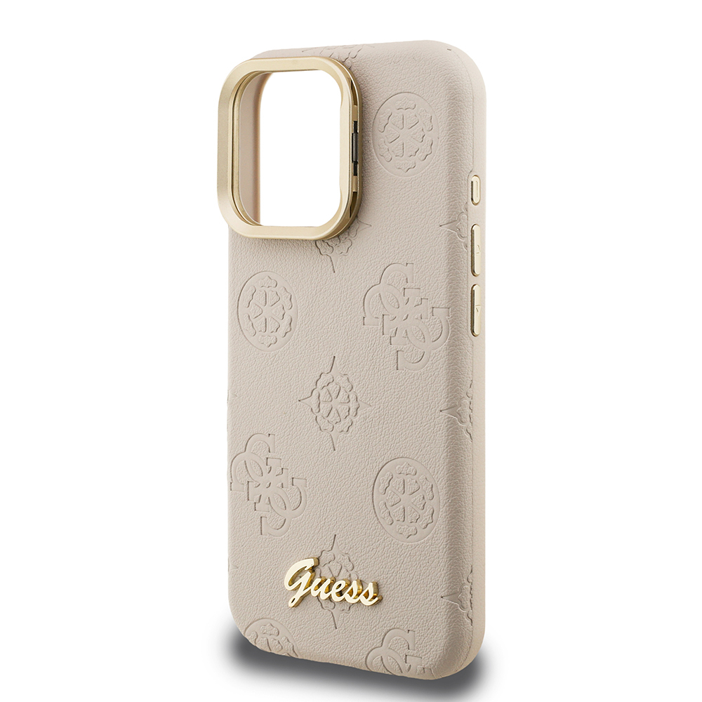 Apple iPhone 16 Pro Max Kılıf Guess Orjinal Lisanslı M-safe Şarj Özellikli Sıcak Baskılı Yazı Logolu Kamera Standlı PU Deri Peony Kapak - 31