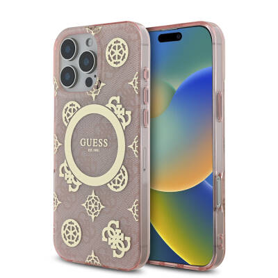 Apple iPhone 16 Pro Max Kılıf Guess Orjinal Lisanslı Magsafe Şarj Özellikli IML Peony ve 4G Desenli Klasik Logolu Kapak Pembe