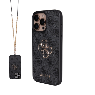 Apple iPhone 16 Pro Max Kılıf Guess Orjinal Lisanslı PU Deri 4G Büyük Metal Logolu Çapraz Vücut Askılı Kapak Siyah