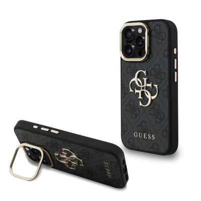 Apple iPhone 16 Pro Max Kılıf Guess Orjinal Lisanslı PU Deri 4G Desenli Metal Büyük 4G ve Yazı Logolu Kamera Standlı Kapak Siyah