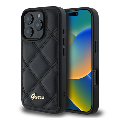 Apple iPhone 16 Pro Max Kılıf Guess Orjinal Lisanslı PU Deri Metal Yazı Logolu Kapitone Kapak Siyah