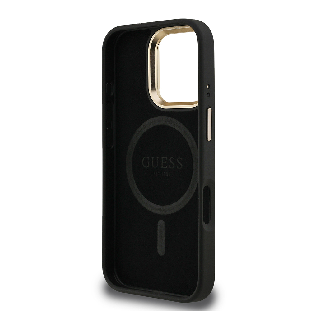 Apple iPhone 16 Pro Max Kılıf Guess Orjinal Lisanslı PU Deri Taşlı Üçgen Logo 4G Desenli Kamera Standlı Kapak - 9