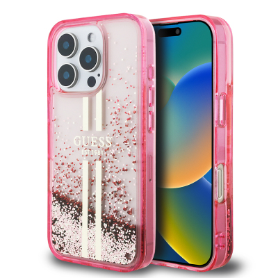 Apple iPhone 16 Pro Max Kılıf Guess Orjinal Lisanslı Transparan Sıvılı Simli Altın Çizgili Kapak Pembe