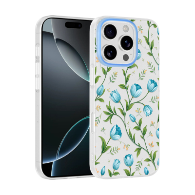 Apple iPhone 16 Pro Max Kılıf Kamera Korumalı Desenli Zore Klip Kapak Mavi Lale