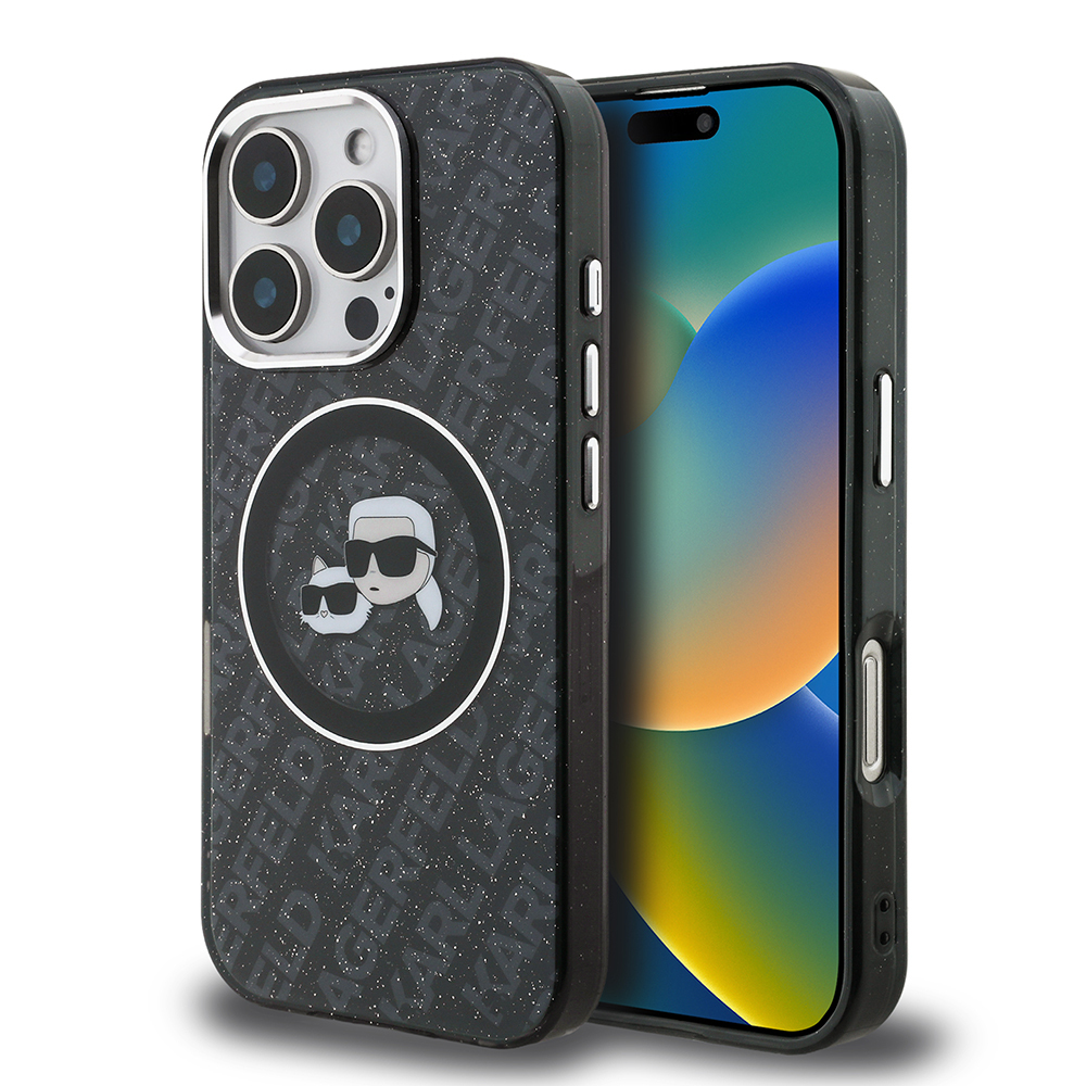 Apple iPhone 16 Pro Max Kılıf Karl Lagerfeld Orjinal Lisanslı Parlayan Simli Karl & Choupette Heads Kapak - 1