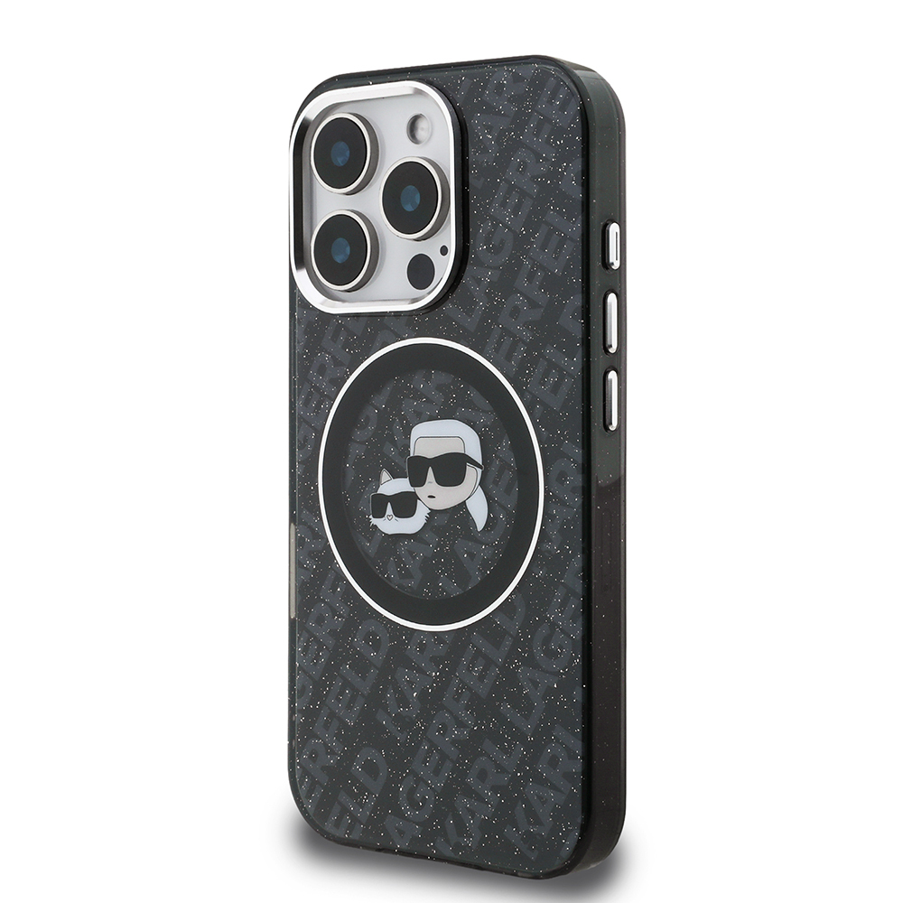 Apple iPhone 16 Pro Max Kılıf Karl Lagerfeld Orjinal Lisanslı Parlayan Simli Karl & Choupette Heads Kapak - 3
