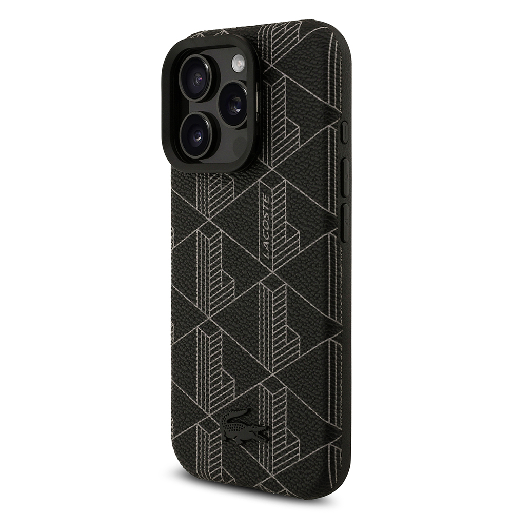 Apple iPhone 16 Pro Max Kılıf Lacoste Orjinal Lisanslı M-safe Şarj Özellikli Standlı PU Deri Karışık Monogram Desenli Kapak - 3