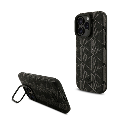 Apple iPhone 16 Pro Max Kılıf Lacoste Orjinal Lisanslı M-safe Şarj Özellikli Standlı PU Deri Karışık Monogram Desenli Kapak Siyah