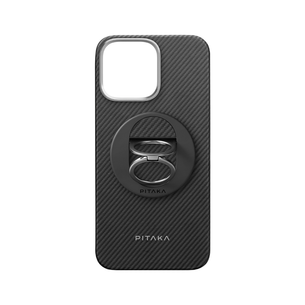 Apple iPhone 16 Pro Max Kılıf M-safe Şarj Özellikli Grip 3 Standlı 600D Aramid Fiber Pitaka Ultra-Slim Classic Serisi Black-Grey Twill Kapak - 1