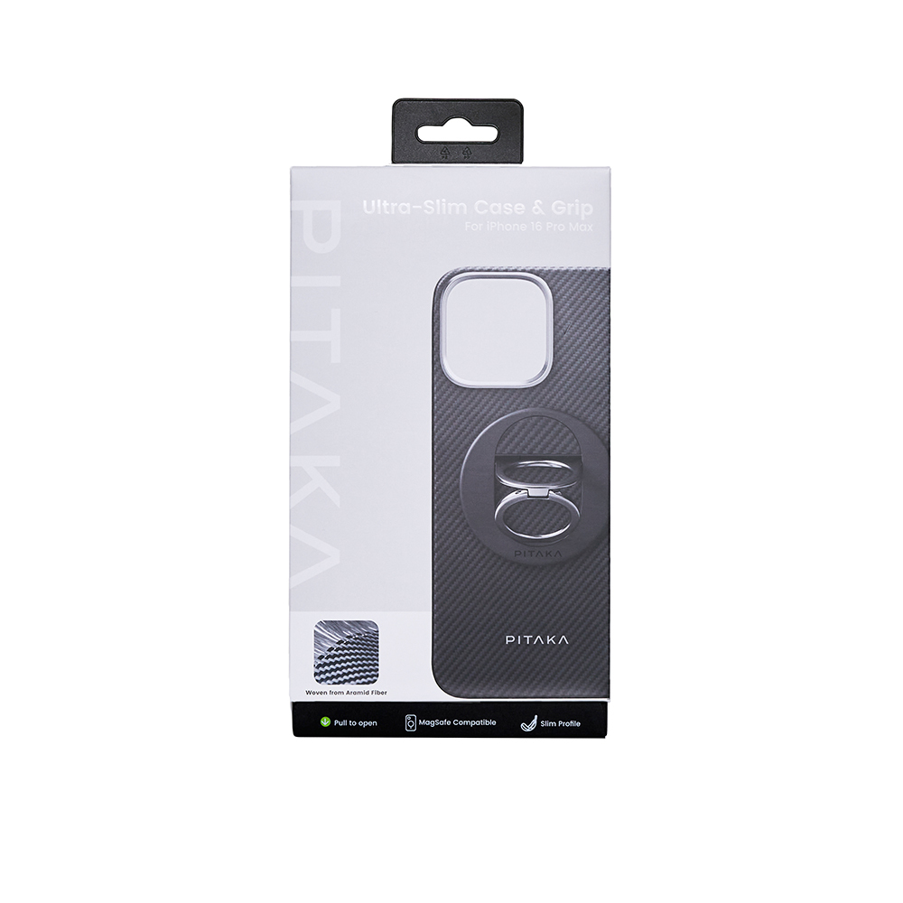 Apple iPhone 16 Pro Max Kılıf M-safe Şarj Özellikli Grip 3 Standlı 600D Aramid Fiber Pitaka Ultra-Slim Classic Serisi Black-Grey Twill Kapak - 4