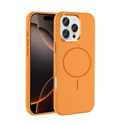 Apple iPhone 16 Pro Max Kılıf M-Safe Şarj Özellikli Metal Kamera Çerçeveli Zore Edi Silikon Kapak Turuncu