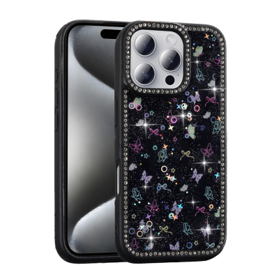 Apple iPhone 16 Pro Max Kılıf Taşlı ve Simli Tasarım Zore Azra Kapak Siyah
