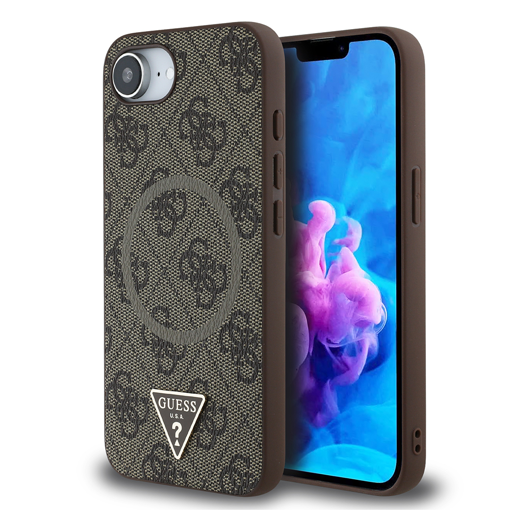 Apple iPhone 16E Case Guess Original Licensed M-safe Charging Feature PU Triangle Logo 4G Patterned Cover - 2