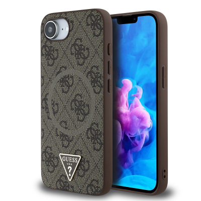 Apple iPhone 16E Case Guess Original Licensed M-safe Charging Feature PU Triangle Logo 4G Patterned Cover Brown