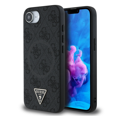 Apple iPhone 16E Case Guess Original Licensed M-safe Charging Feature PU Triangle Logo 4G Patterned Cover Black