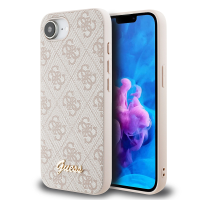 Apple iPhone 16E Kılıf Guess Orjinal Lisanslı 4G Desenli Script Metal Logolu Kapak Pembe