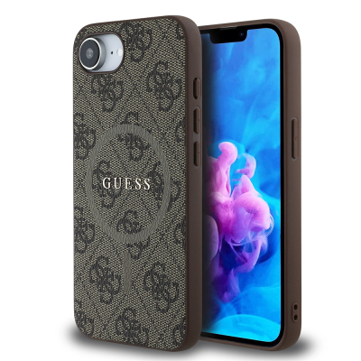 Apple iPhone 16E Kılıf Guess Orjinal Lisanslı M-safe Şarj Özellikli PU Halkalı 4G Desenli Yazı Logolu Kapak Kahverengi
