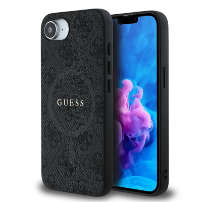 Apple iPhone 16E Kılıf Guess Orjinal Lisanslı M-safe Şarj Özellikli PU Halkalı 4G Desenli Yazı Logolu Kapak Siyah