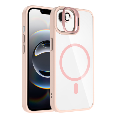 Apple iPhone 16E Kılıf Standlı ve Kamera Lens Hediyeli M-Safe Şarj Özellikli Zore Etro Kapak Pembe
