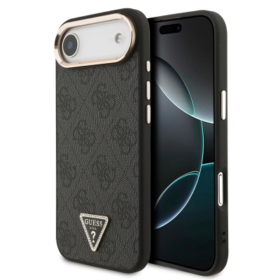 Apple iPhone 17 Air Case Guess Original Licensed Gold Metal Camera Frame Stone Triangle Logo 4G Patterned Cover Black