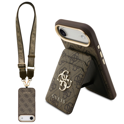 Apple iPhone 17 Air Case Guess Original Licensed M-safe Charging Case with Strap and 4G Logo Card Holder Brown