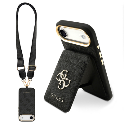 Apple iPhone 17 Air Case Guess Original Licensed M-safe Charging Case with Strap and 4G Logo Card Holder Black