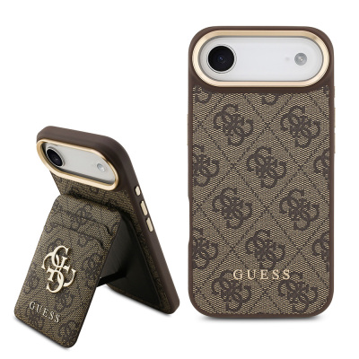 Apple iPhone 17 Air Case Guess Original Licensed M-Safe Charging Feature 4G Metal Large Logo Card Holder Cover Brown