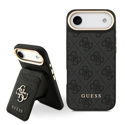 Apple iPhone 17 Air Case Guess Original Licensed M-Safe Charging Feature 4G Metal Large Logo Card Holder Cover Black