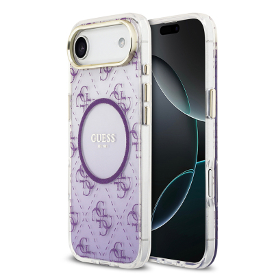 Apple iPhone 17 Air Case Guess Original Licensed M-safe Charging Feature 4G Patterned Glitter Silicone Cover Purple