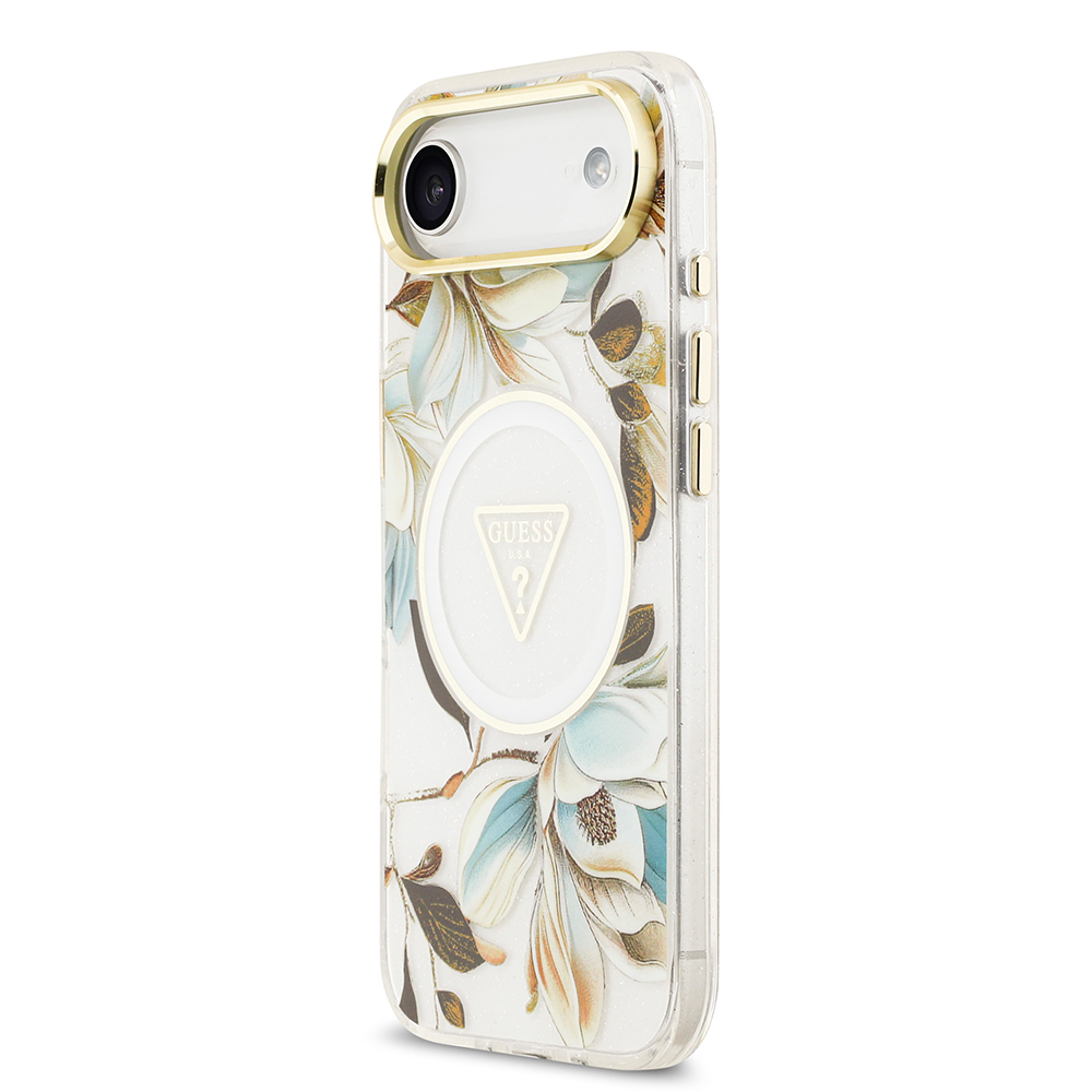 Apple iPhone 17 Air Case Guess Original Licensed M-safe Charging Feature Glittery Flower Patterned Metal Camera Frame Triangle Logo Cover - 6