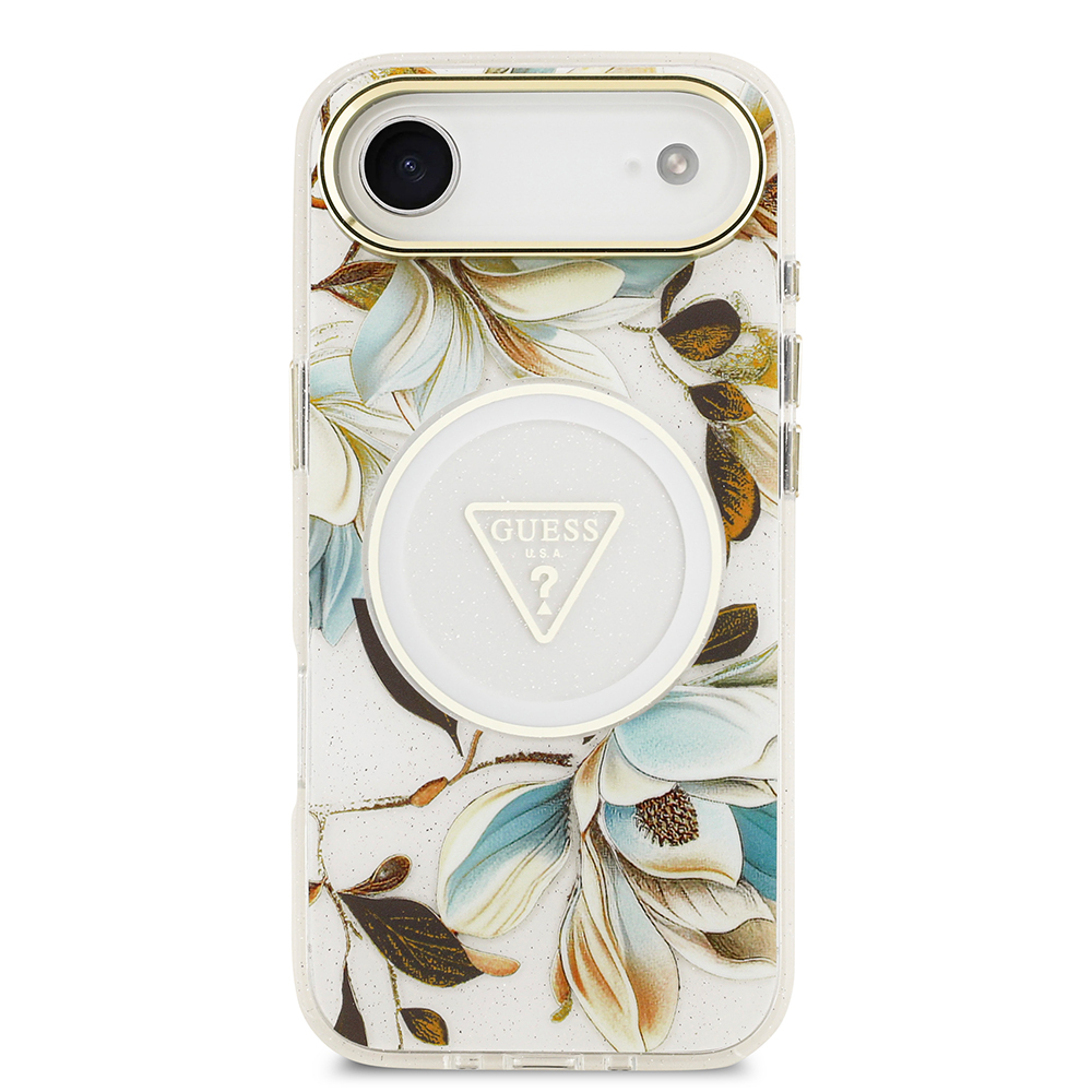 Apple iPhone 17 Air Case Guess Original Licensed M-safe Charging Feature Glittery Flower Patterned Metal Camera Frame Triangle Logo Cover - 7