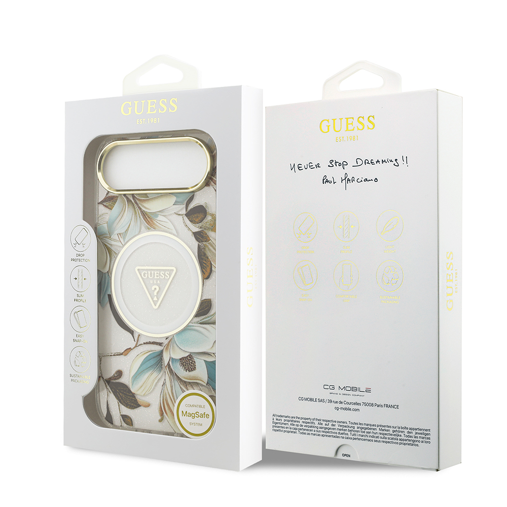 Apple iPhone 17 Air Case Guess Original Licensed M-safe Charging Feature Glittery Flower Patterned Metal Camera Frame Triangle Logo Cover - 30