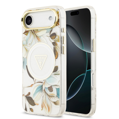 Apple iPhone 17 Air Case Guess Original Licensed M-safe Charging Feature Glittery Flower Patterned Metal Camera Frame Triangle Logo Cover White