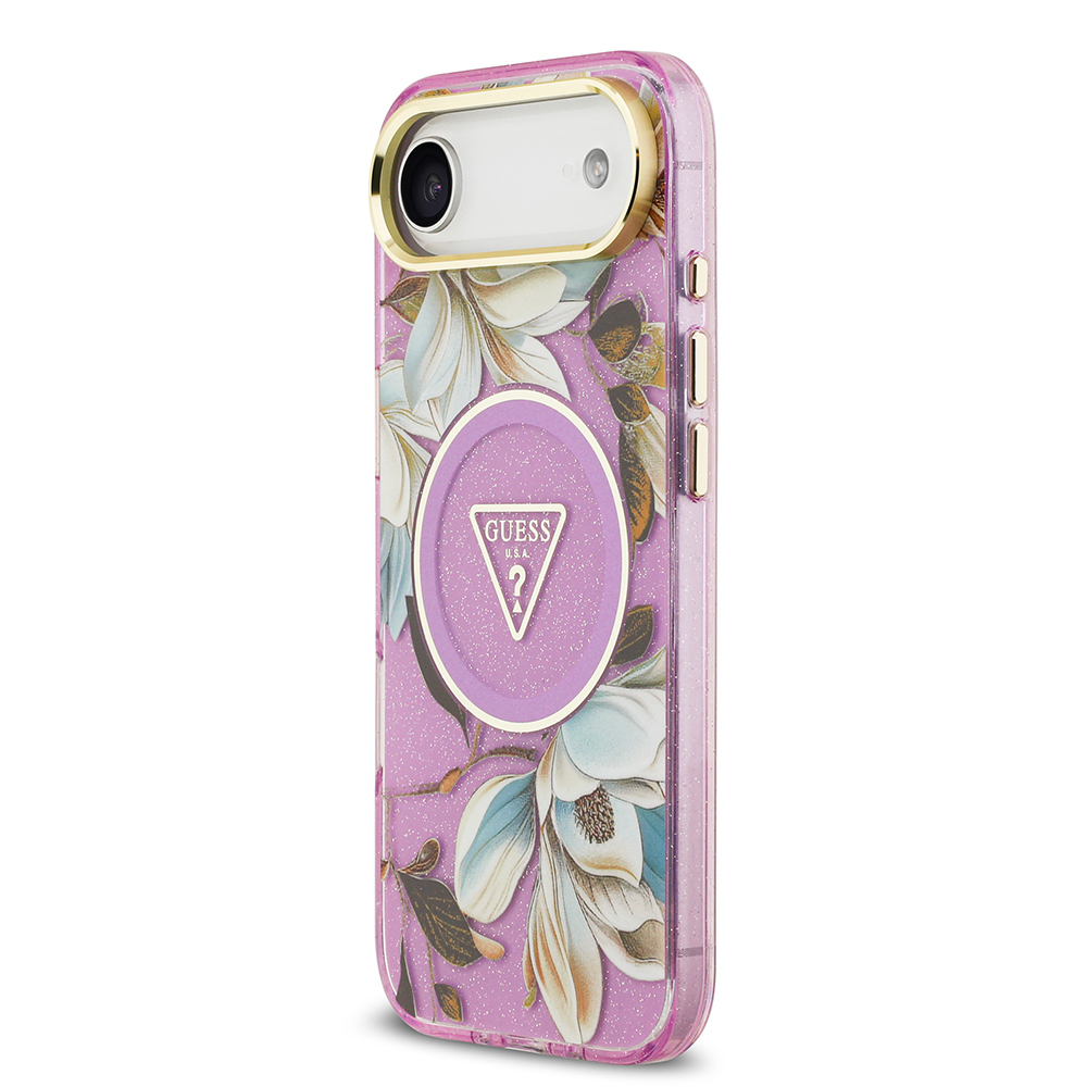Apple iPhone 17 Air Case Guess Original Licensed M-safe Charging Feature Glittery Flower Patterned Metal Camera Frame Triangle Logo Cover - 12