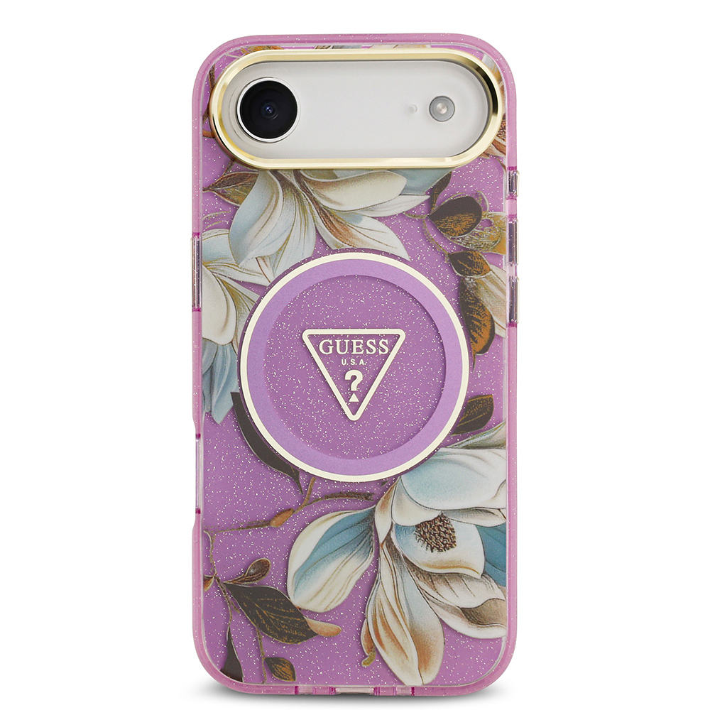 Apple iPhone 17 Air Case Guess Original Licensed M-safe Charging Feature Glittery Flower Patterned Metal Camera Frame Triangle Logo Cover - 13