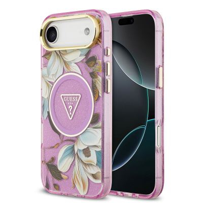 Apple iPhone 17 Air Case Guess Original Licensed M-safe Charging Feature Glittery Flower Patterned Metal Camera Frame Triangle Logo Cover Purple