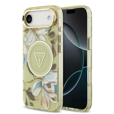 Apple iPhone 17 Air Case Guess Original Licensed M-safe Charging Feature Glittery Flower Patterned Metal Camera Frame Triangle Logo Cover Green
