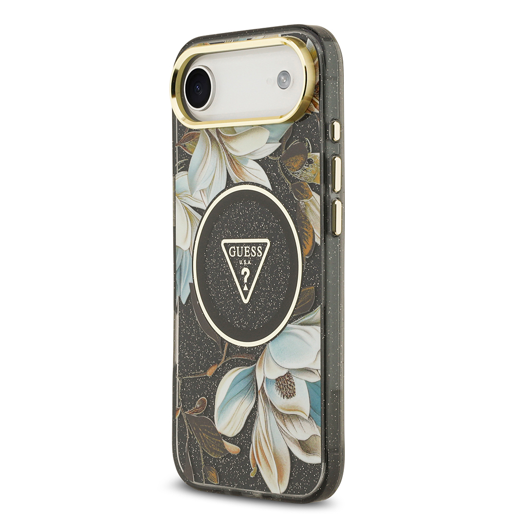 Apple iPhone 17 Air Case Guess Original Licensed M-safe Charging Feature Glittery Flower Patterned Metal Camera Frame Triangle Logo Cover - 24