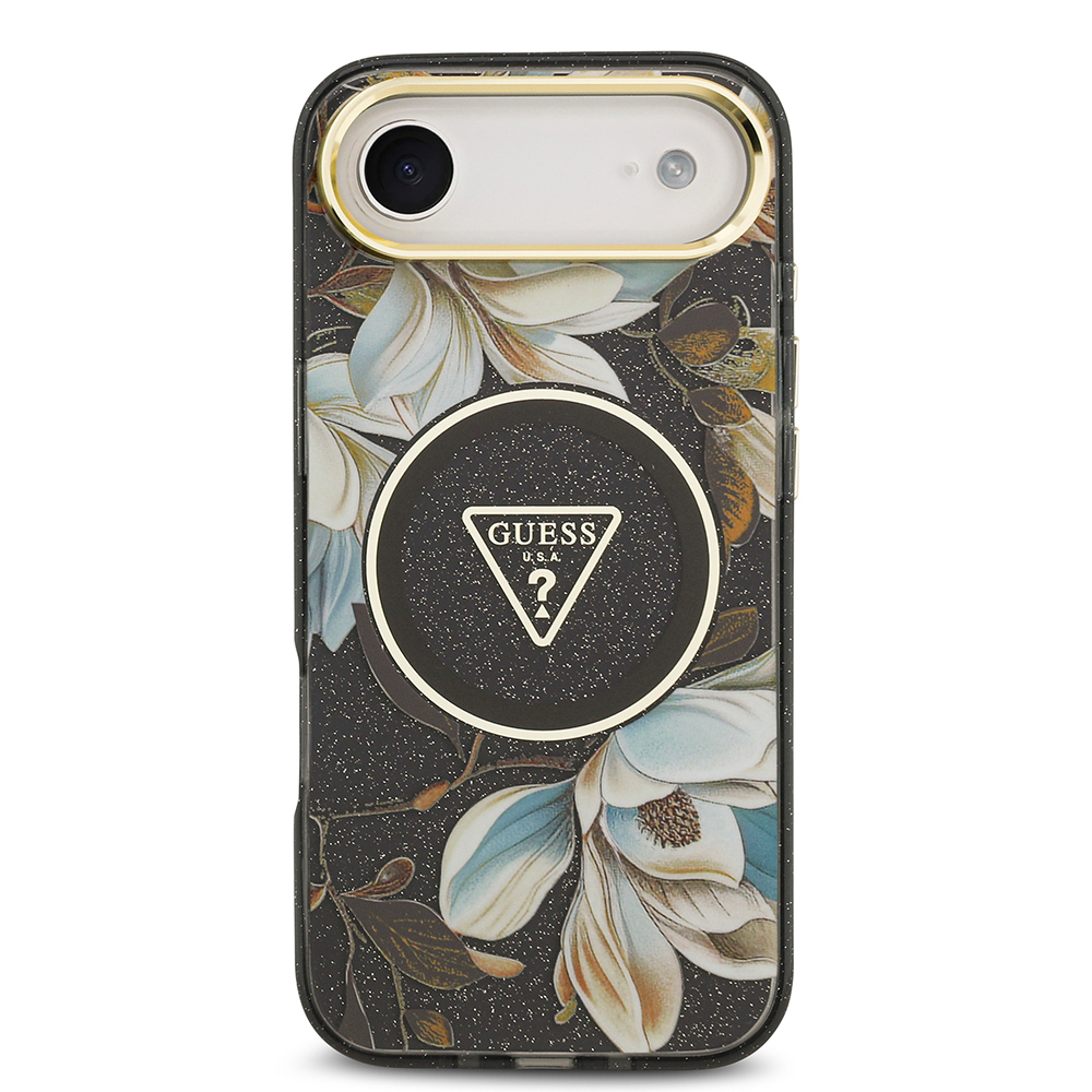 Apple iPhone 17 Air Case Guess Original Licensed M-safe Charging Feature Glittery Flower Patterned Metal Camera Frame Triangle Logo Cover - 25