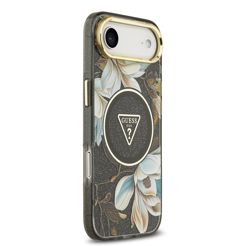 Apple iPhone 17 Air Case Guess Original Licensed M-safe Charging Feature Glittery Flower Patterned Metal Camera Frame Triangle Logo Cover - 26