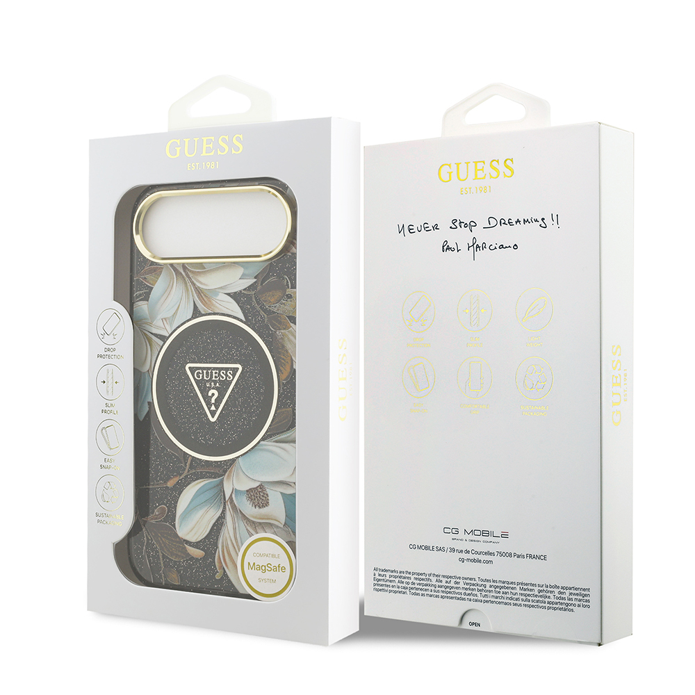 Apple iPhone 17 Air Case Guess Original Licensed M-safe Charging Feature Glittery Flower Patterned Metal Camera Frame Triangle Logo Cover - 33