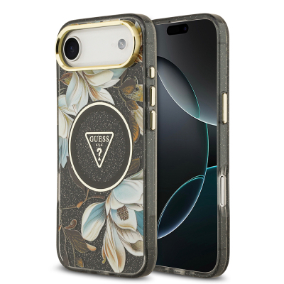 Apple iPhone 17 Air Case Guess Original Licensed M-safe Charging Feature Glittery Flower Patterned Metal Camera Frame Triangle Logo Cover Black